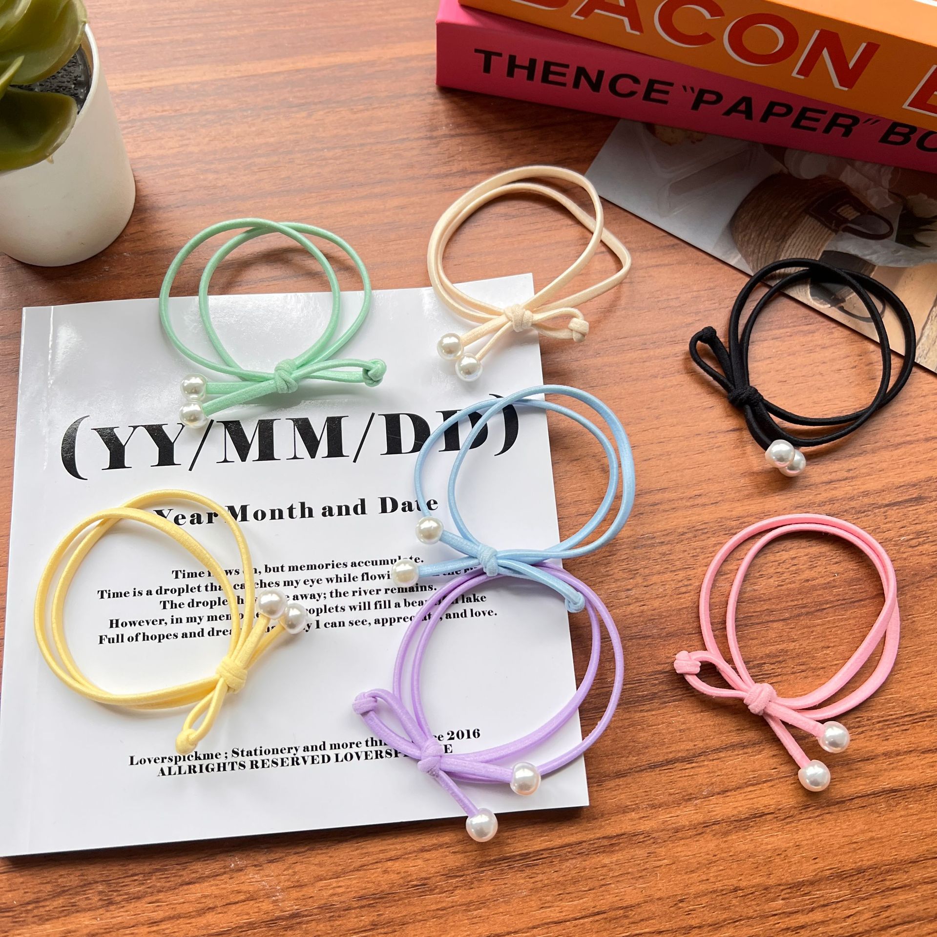 糖果色珍珠發圈韓版簡約蝴蝶結橡皮筋發繩高彈力頭繩扎高馬尾髮飾