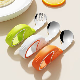 Baby Spoon Stainless Steel Ring Fork Spoon suit Training Supplementary Spoon Children's Tableware Short Handle Learning Silicone Spoon