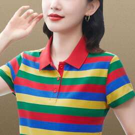 WZXSK2025夏季新款条纹撞色POLO领短袖T恤女洋气减龄遮肚中年妈妈
