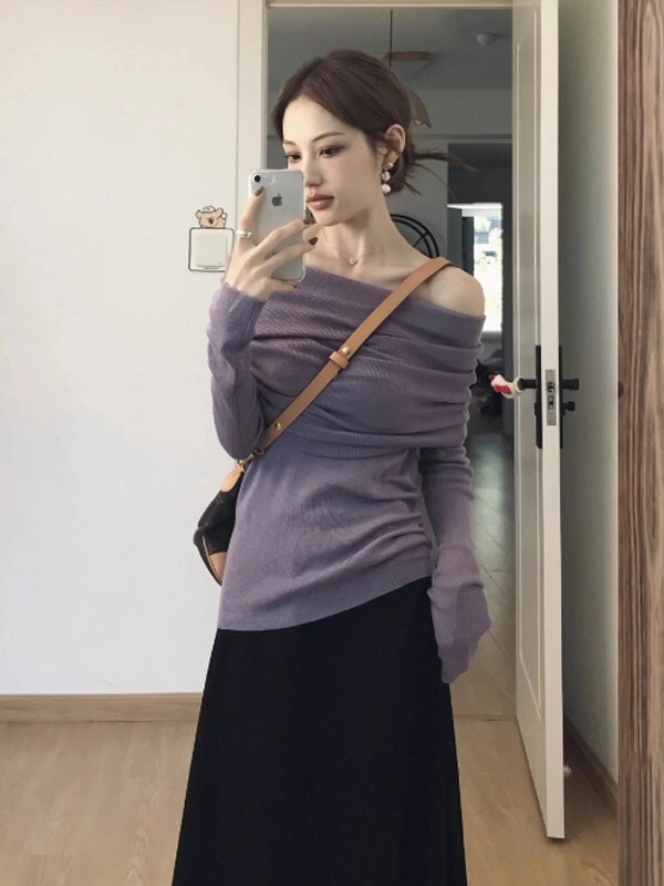 法式紫色一字肩连衣裙子女早秋季2025新款韩系小个子穿搭套装长裙|undefined
