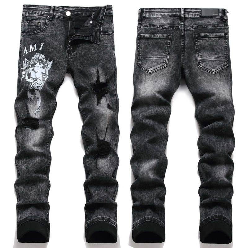 AM foreign trade European and American tight elastic black ripped angel print trendy men's high street youth jeans 3389