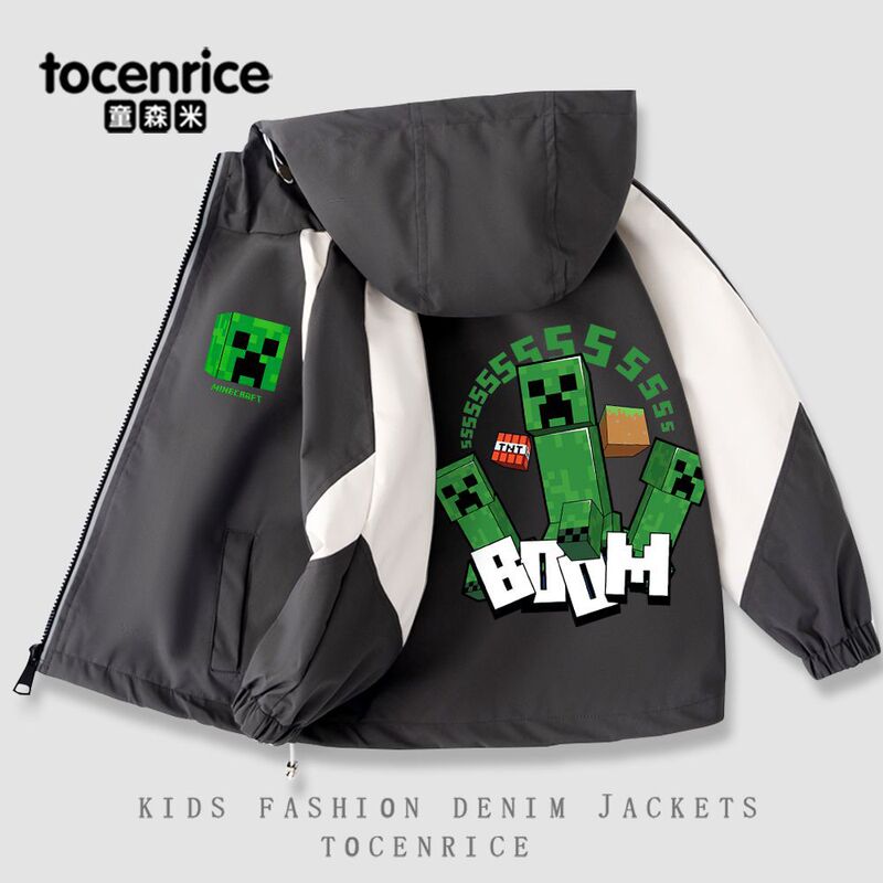 Game Minecraft Creeper Two-Dimensional Soft Shell Plus Velvet Boys and Girls Jackets Medium and Large Children's Jackets