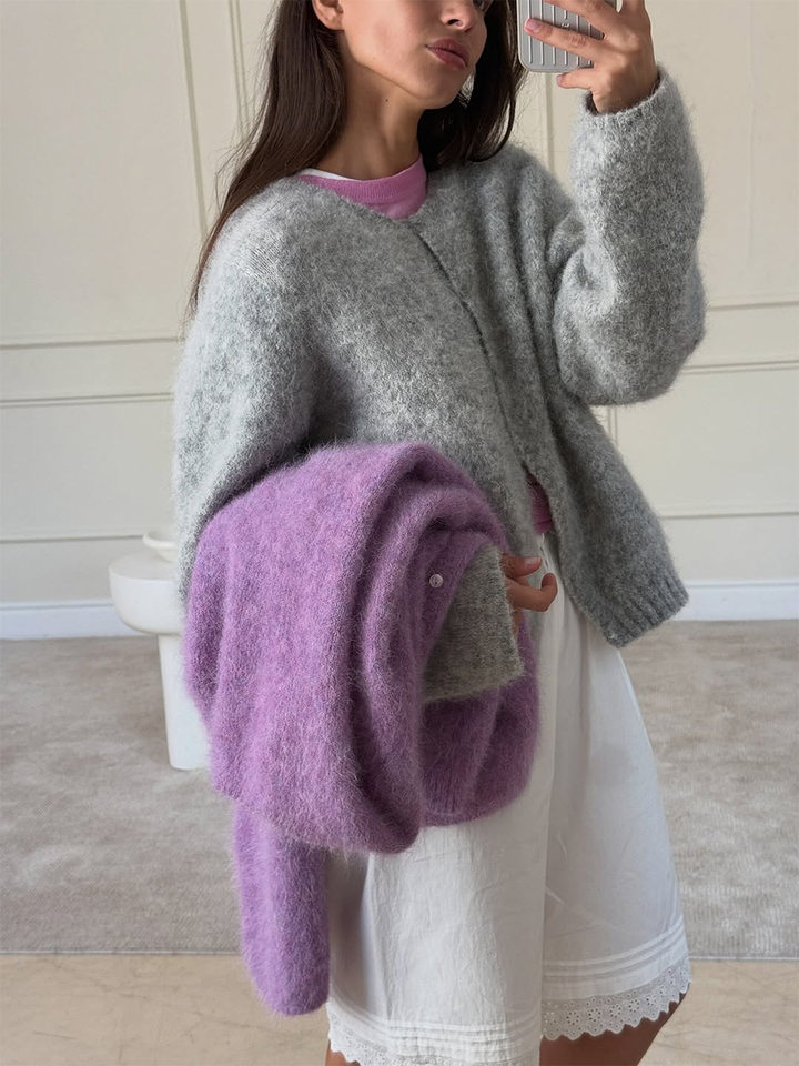Áo khoác cardigan len nữ dáng rộng một hàng cúc, chất liệu dệt kim mềm mại, phong cách thanh lịch — Màu hồng nhạt (hàng có sẵn), Màu xanh lá cây (có hàng), Màu xanh ô liu (đốm), Màu xanh đậm (Còn hàng) chi tiết 47
