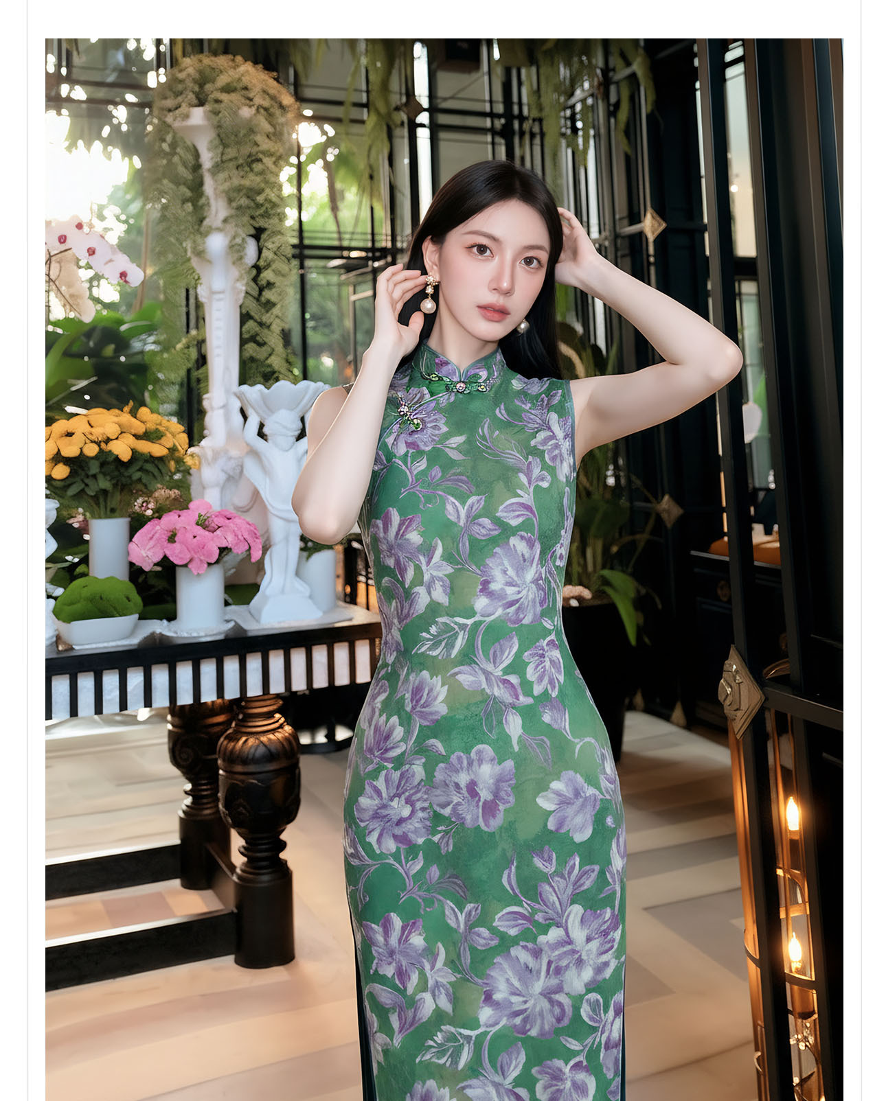 Đầm ôm body nữ dài tay in họa tiết hoa xanh cổ điển — xanh lá cây chi tiết 3