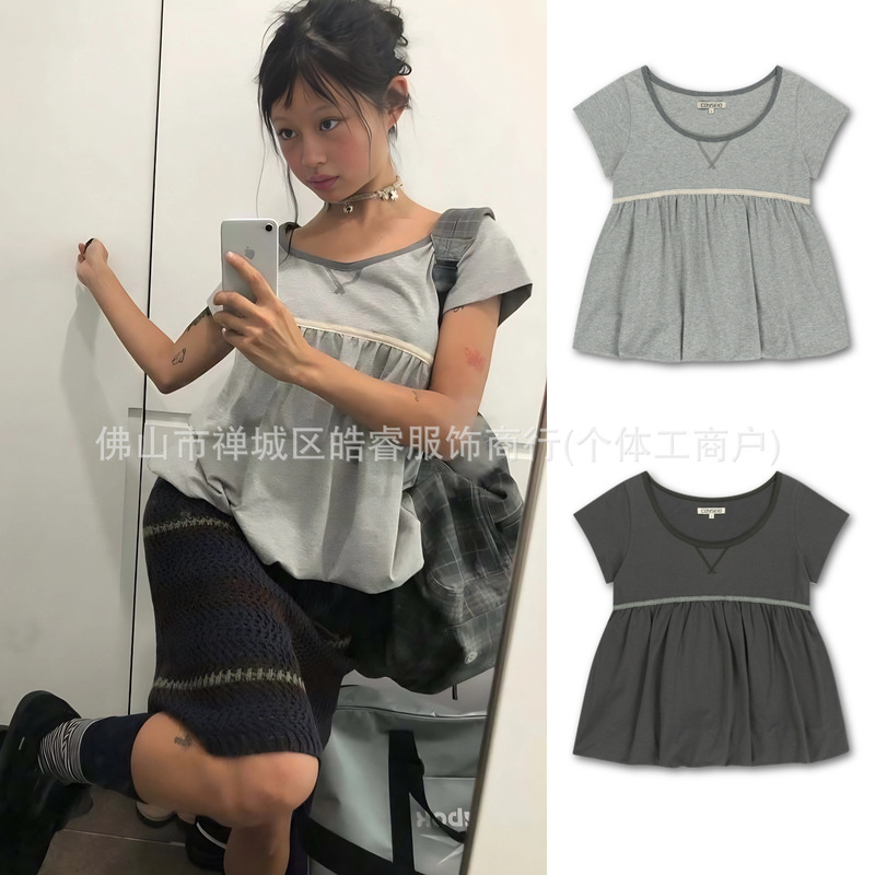 [in Stock] Korean Coy* Lace Short Sleeve Summer New Style Ruffled Cap Sleeve Round Neck Pleated Flower Bud T-Shirt for Women