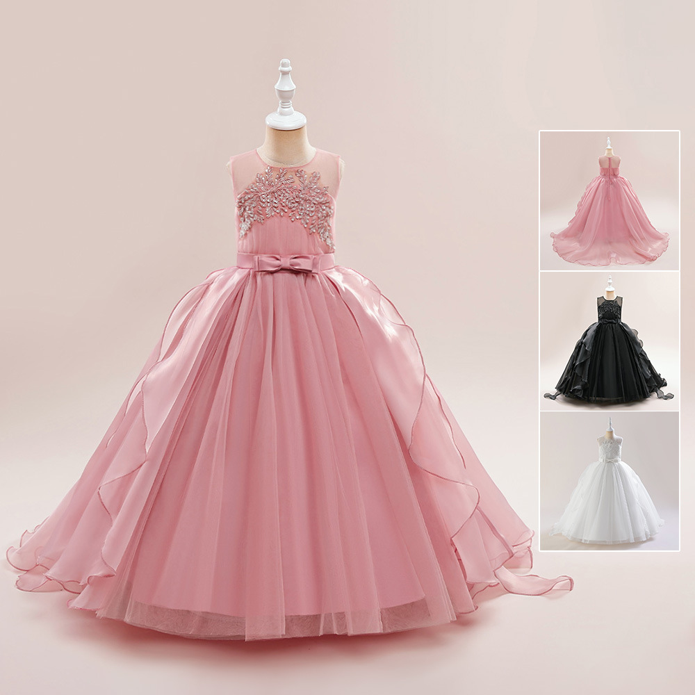 New cross-border European and American-style formal dresses for older kids—featuring embroidered floral designs, glass-like mesh fabric, and a flowing train, perfect for little girls' piano performances.