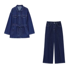 跨境外贸女装2025春欧美风收腰绑带牛仔外套+牛仔裤套装女L420551