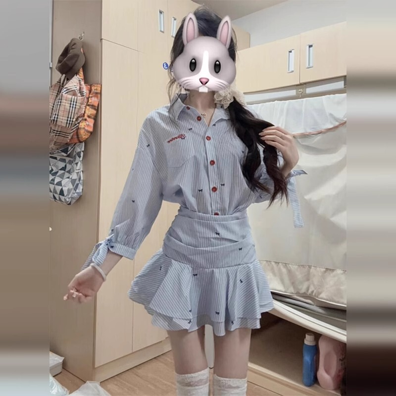 学院风miu系蓝色衬衫连衣裙子女装2025新款秋季气质收腰百褶短裙|undefined