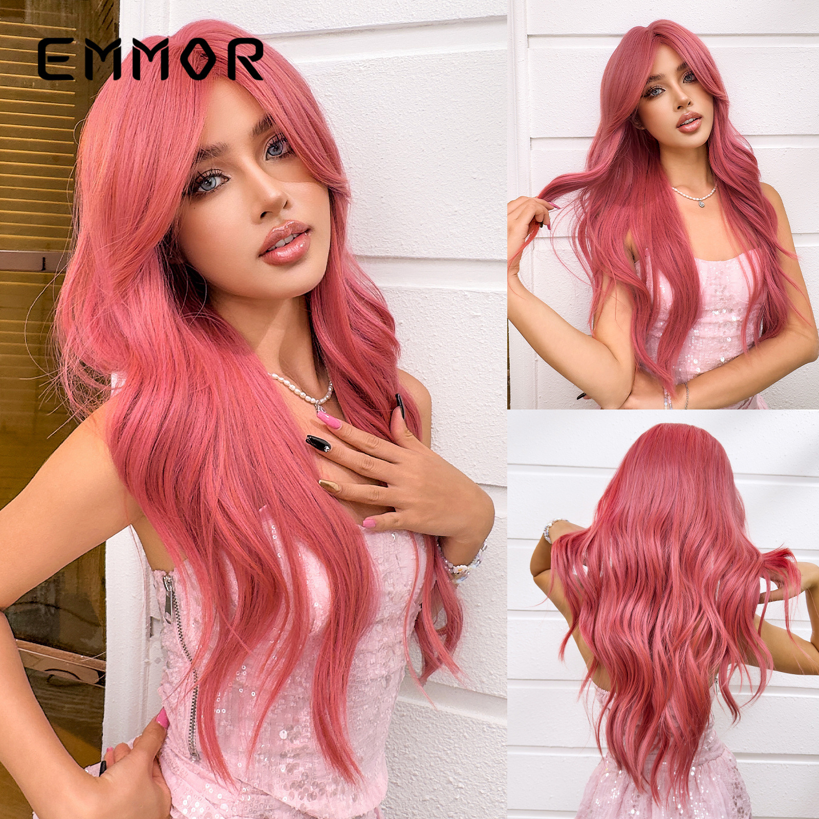 Mae La rojo gradiente de ocho caracteres flequillo grandes ondas cabello largo y rizado moda natural toda la peluca de Halloween