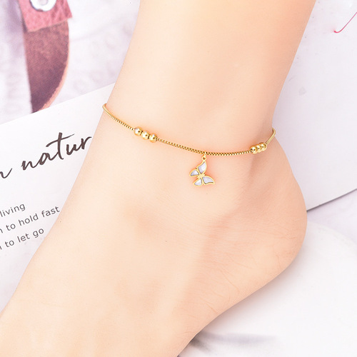 A variety of small golden bean love anklets, simple and versatile, mother-of-pearl butterfly green zircon foot accessories for women, titanium steel non-fading wholesale
