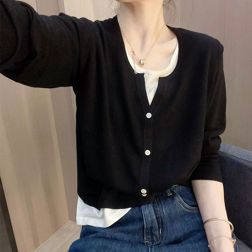 Fake two-piece V-neck sweater for women's autumn new loose slimming shirt, long-sleeved pullover, bottoming shirt