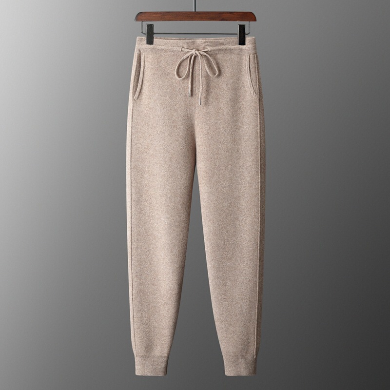 New Autumn and Winter 100% Pure Wool Leg-Locking Pants for Men, Cashmere Thickeneded Warm Pants, Cuffed Leg Knitted Sweatpants