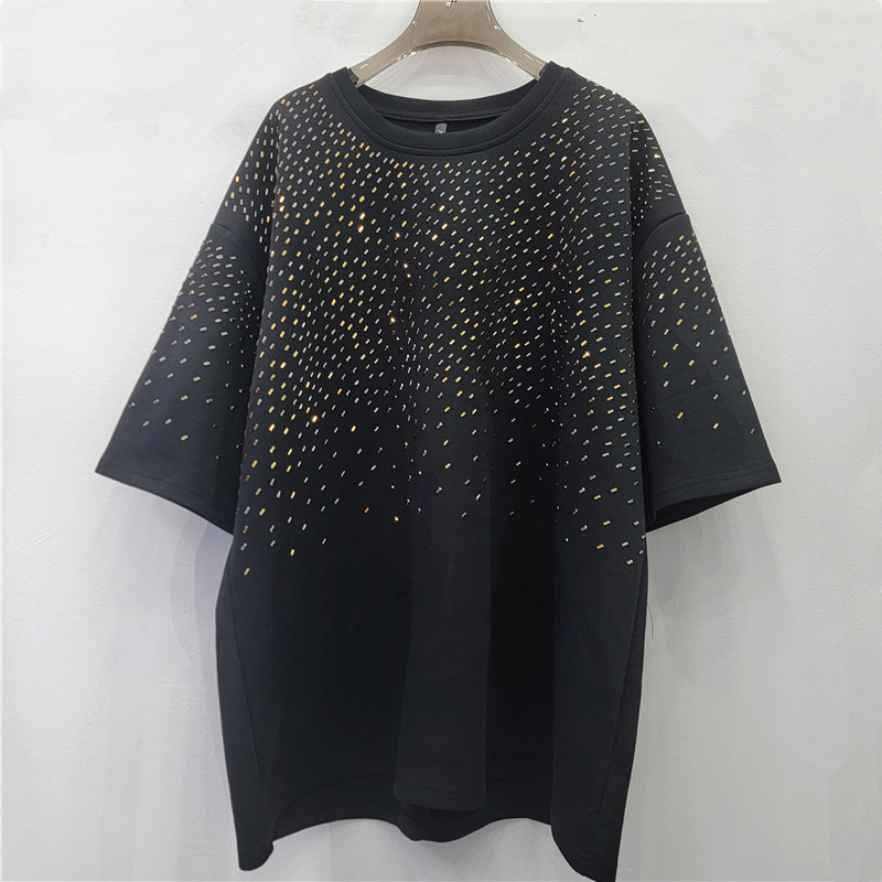 Camiseta negra de mangas cortas para mujeres 2026 primavera y verano nuevo diseño brillante brillante taladro caliente chaqueta de tamaño grande image 1