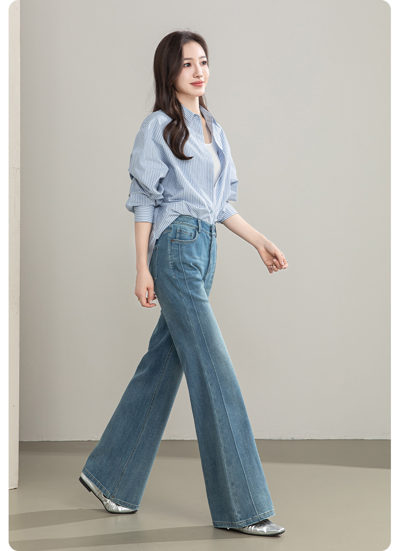 Quần jean nữ cạp cao ống rộng vải Tencel cotton co giãn 4 chiều dáng suông nhẹ — xanh lam chi tiết 25