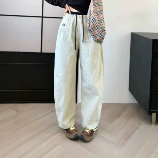 复古做旧水洗撞色螺纹松紧抽绳宽松弯刀阔腿裤    1005a01