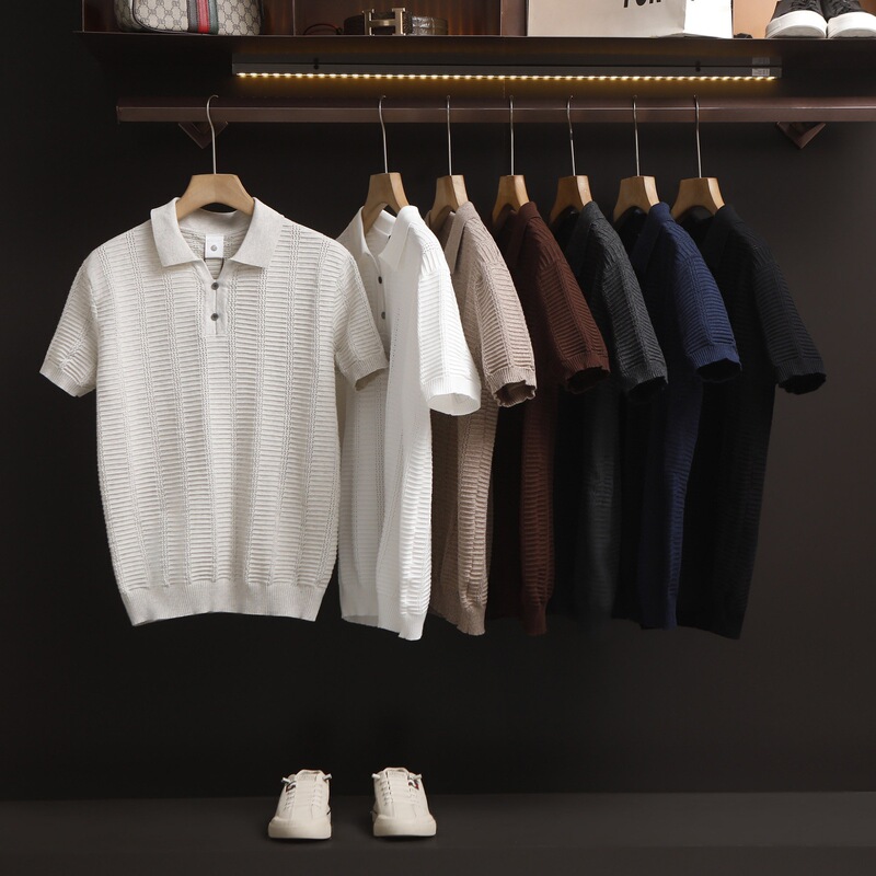 Designer Hollow-Out Jacquard Short-Sleeve Polo Shirt for Men, Summer Striped Knit T-Shirt, Old Money Style Seagull Collar Top