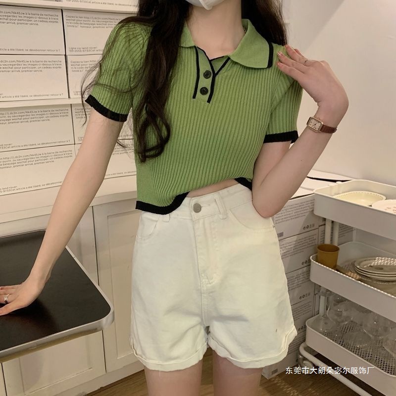 韓国版正肩polo襟ニット半袖tシャツ夏の修身デザイン感
