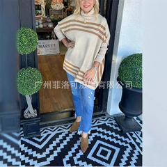 现货2025亚马逊独立站新款跨境欧美秋冬女士高领宽松针织条纹毛衣