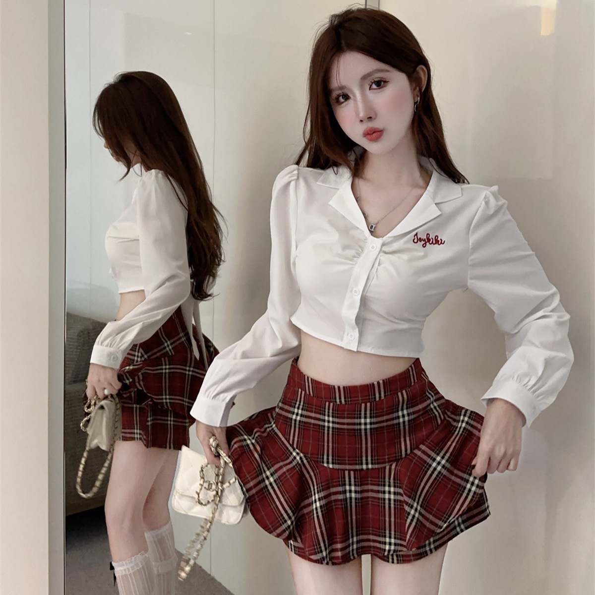 순수한 욕망 JK 유니폼 세트 여성 일본 대학 스타일 가을 긴 소매 뜨거운 소녀 허리 슬림 주름 치마 투피스 세트