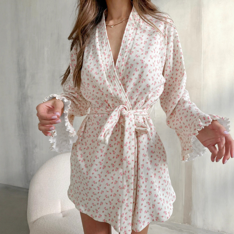 Knitted Printed Long-Sleeve Lace-Up Ribbed Lace Robe 2026 European and American Autumn and Winter Cross-Border Bathrobe Pajamas Loungewear for Women Knitted Printed Long-Sleeve Lace-Up Ribbed Lace Robe 2026 European and American Autumn and Winter Cross-Border Bathrobe Pajamas Loungewear for Women