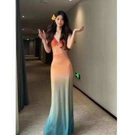 日落裙绝美晕染渐变弹力网纱连衣裙泰国三亚海边度假包臂鱼尾长裙
