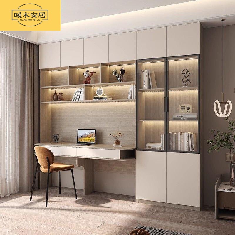 Solid Wood Desk and Bookcase Integrated Modern Minimalist Home-Use Wall-To-Ceiling Combination Cabinet Study Room Writing Computer Desk