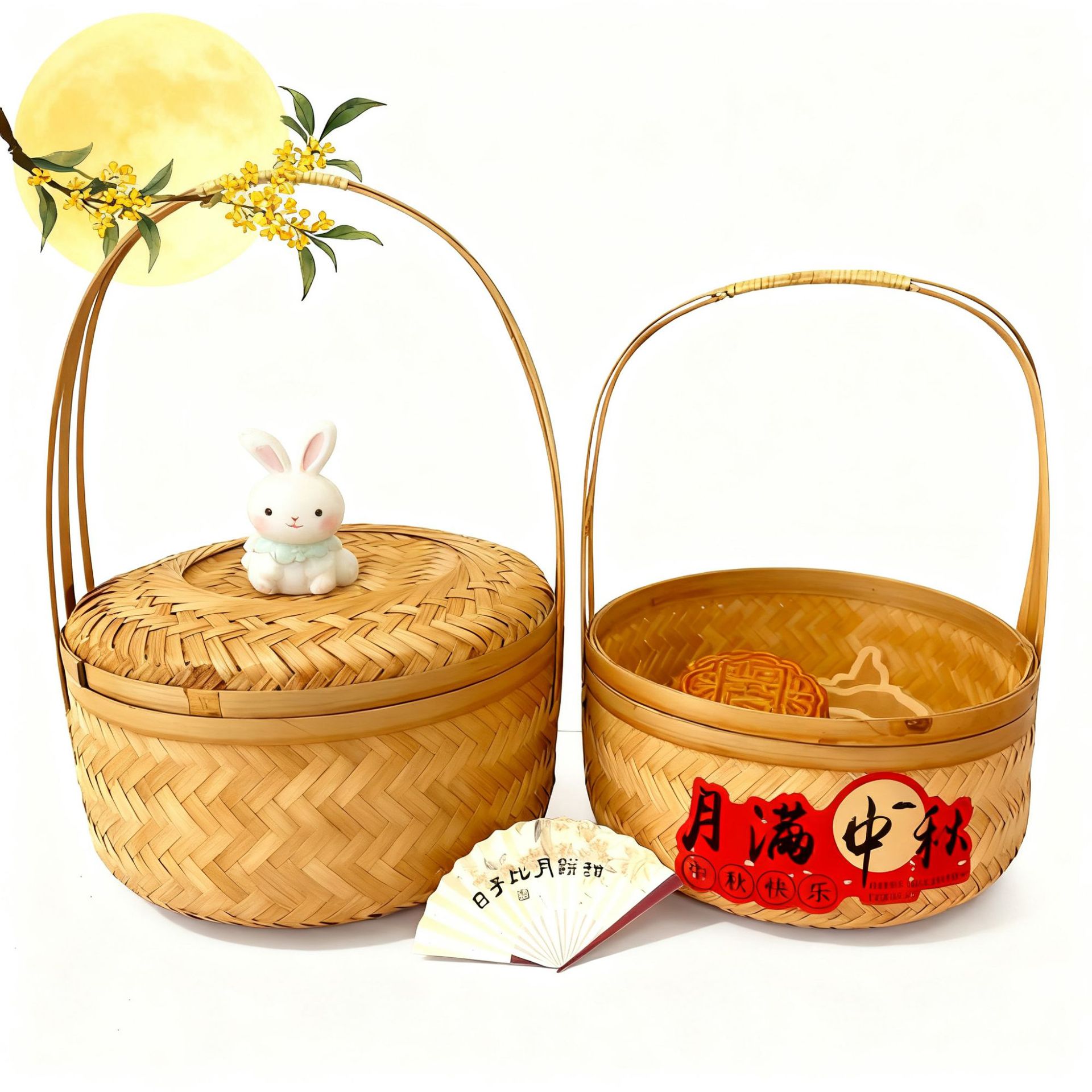 Cesta de Regalo de Bambú Grande con Tapa para Pasteles de Luna y Té