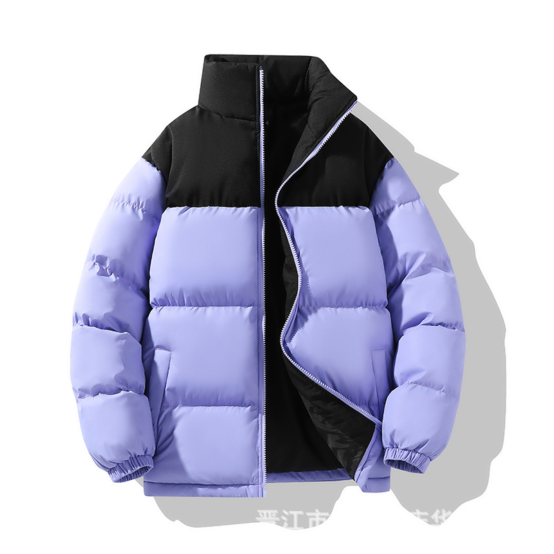 Chaqueta acolchada de algodón estilo pareja para otoño e invierno, corte ajustado, cuello alto con bloques de color, abrigo ligero de algodón, venta al por mayor, logotipo personalizable, dropshipping disponible.