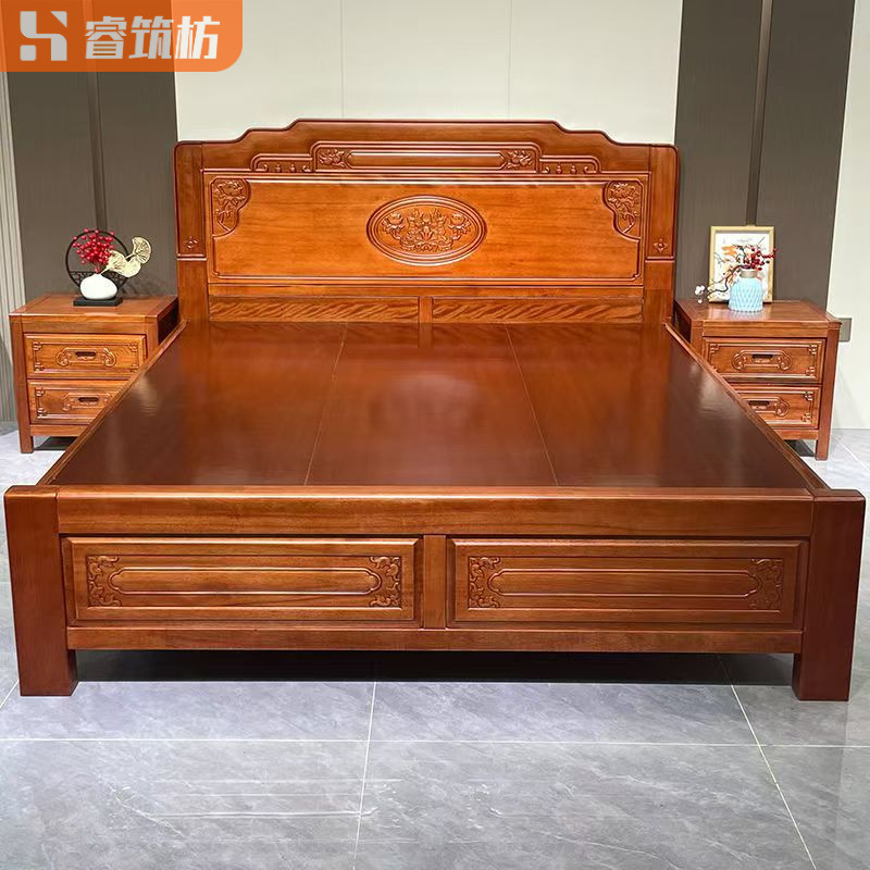 All Solid Wood Mortise and Tenon Bed, Thickened Golden Rosewood Double Master Bedroom Wedding Bed, Chinese Antique Pineapple Lattice Wood Bed