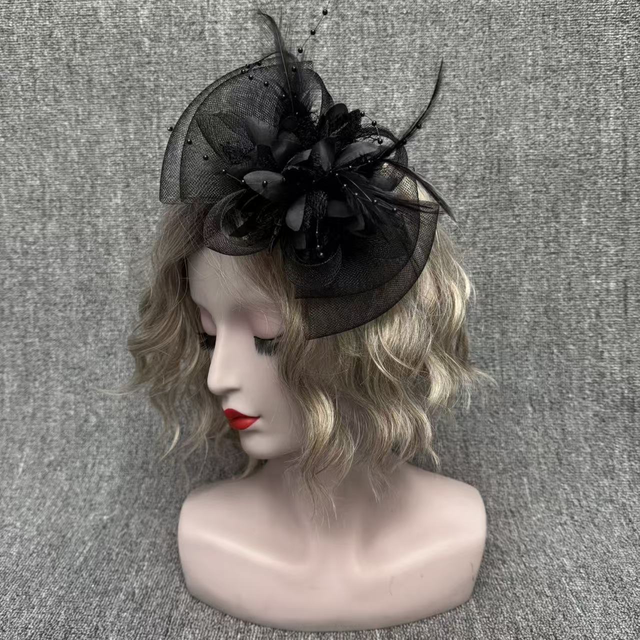 Cross-Border European and American Foreign Trade Handmade Bow Feather Hair Accessories Mesh Banquet Hair Accessories Hairpins Headwear Ornaments