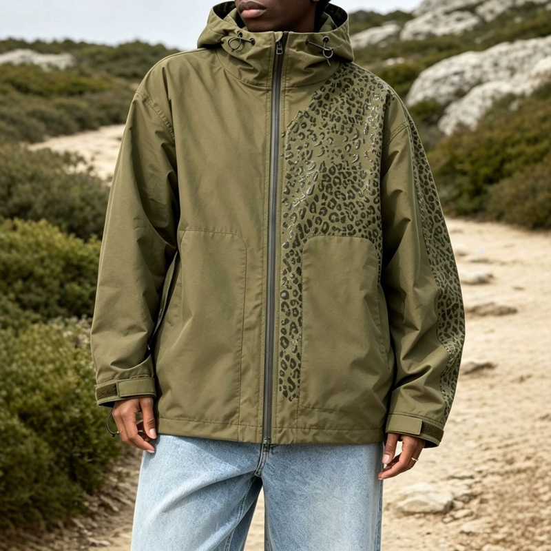 Men's jacket that changes color when exposed to water, featuring a leopard print design, casual style, winter hooded outerwear, suitable for outdoor activities, and a European and American export fashion trend
