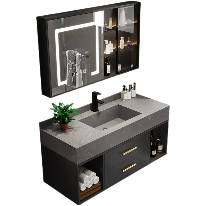 Luz de lujo Placa de roca integrado cuenca gabinete de baño combinación inteligente espejo lateral gabinete de baño lavabo mesa de lavado cuenca
