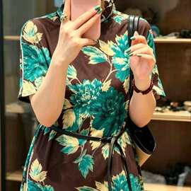 26夏季新款东方花韵新中式短袖真丝香云纱印花连衣裙184