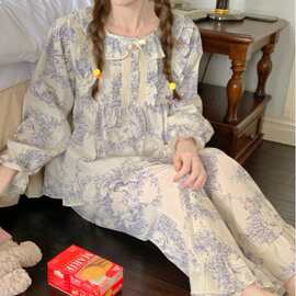 跨境专供外贸女士春秋新韩版韩系少女温柔甜美花边家居服睡衣套装