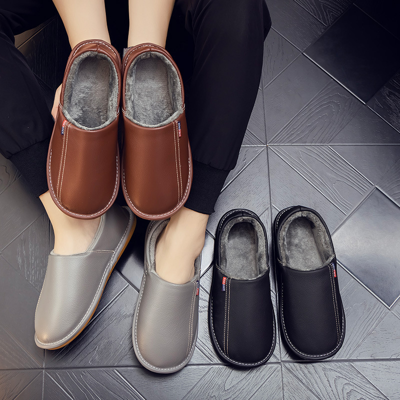 Cowhide cotton shoes for men and women home non-slip warm indoor wood floor Haining home leather cowhide slippers winter