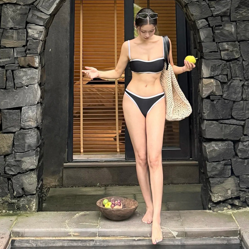 2026 New European and American Cross-Border Bikini Contrasting Color Sexy Low-Waist Tube Top with Shoulder Straps Split Swimsuit for Women at the Beach