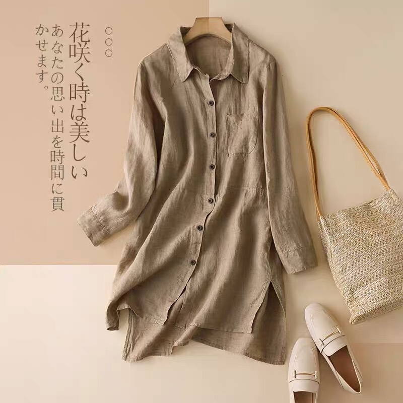 2025 Spring New Plus Size Women's Cotton and Linen Shirt Solid Color Tops Mid-Length Linen Long Sleeve Top Foreign Trade 2025 Spring New Plus Size Women's Cotton and Linen Shirt Solid Color Tops Mid-Length Linen Long Sleeve Top Foreign Trade