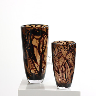 Modern simple light luxury Brown rendering glass vase model piece hotel living room entrance floral soft decoration