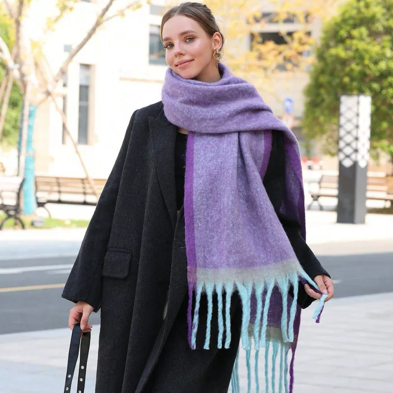 Фиолетовый зимний шарф, утепляющее накидка из искусственного меха для студентов, градиент, корейский стиль