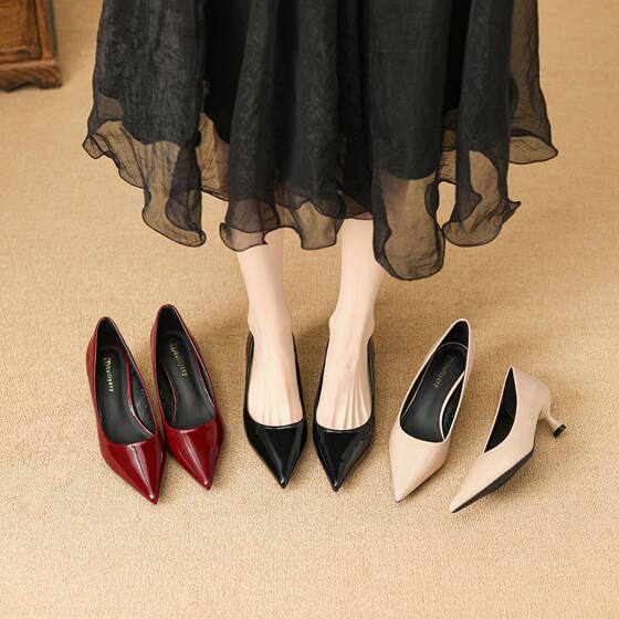 Huiliya Soft Leather Professional Work Shoes Women's Black French High Heels Women's 2024 New Pointed Single Shoes G65-1