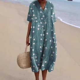 2025跨境新品Temu亚马逊速卖通时尚数码印花大宽V领连衣裙D782