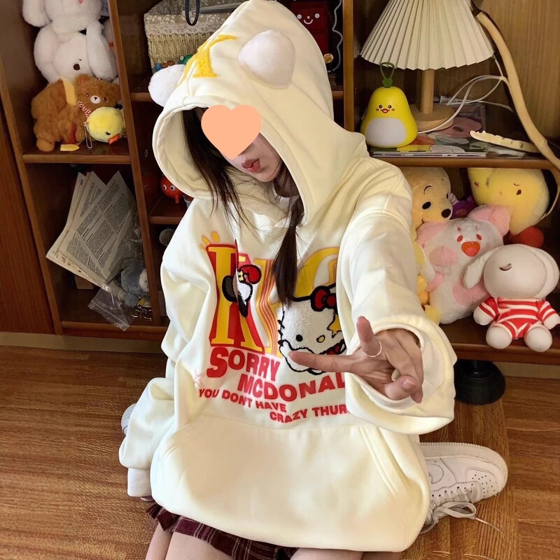 Autumn and Winter Printed Trendy Brand Hoodies, Cute Hooded Sweatshirts, Women's Jackets, Cartoon Kt Cat Ears, Loose and Lazy Style, Plus Velvet Autumn and Winter Printed Trendy Brand Hoodies, Cute Hooded Sweatshirts, Women's Jackets, Cartoon Kt Cat Ears, Loose and Lazy Style, Plus Velvet