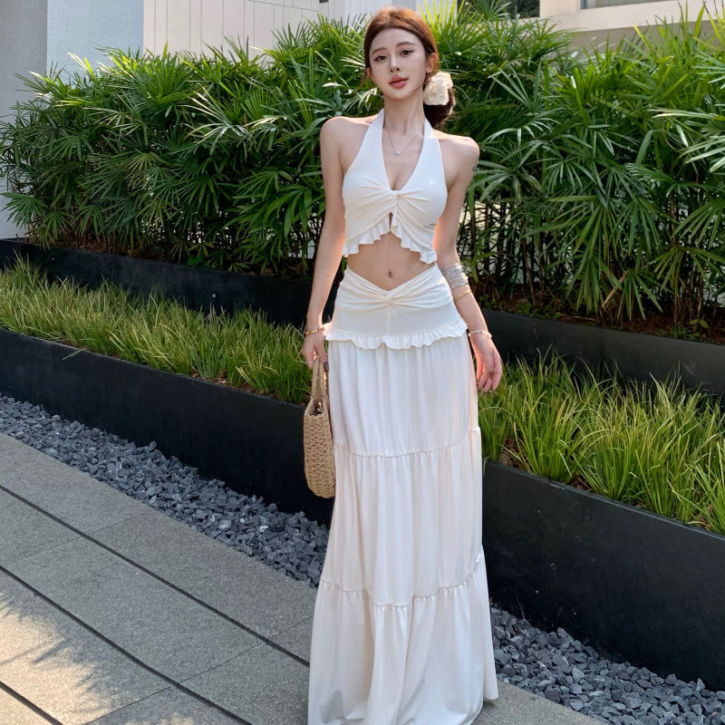 Holiday Style suit Spice Girl Kink Back Neck Beach Dress Summer Wear High Waist Skirt apricot Swimsuit