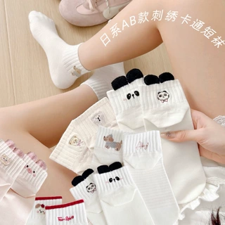 AB款刺绣短袜女夏薄款棉无骨ins潮2026新款个性卡通日系短筒袜子