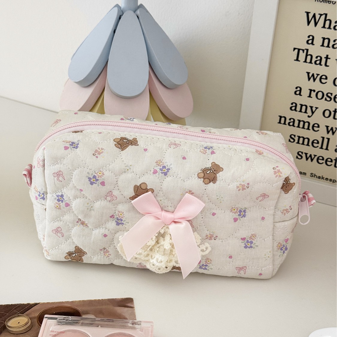 Cross-Border Bear Sweetheart Cosmetics Bag New Quilted Cute Ins Style High-Looking Large-Capacity Student Universal Pencil Case