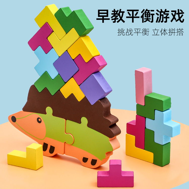 Los niños de madera de educación temprana erizo Jenga color cognitivo equilibrio bloques de construcción rompecabezas ruso dos en uno de juguete