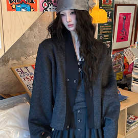 美式cleanfit极简宽松V领慵懒感西装女款春秋高级感松弛无领外套