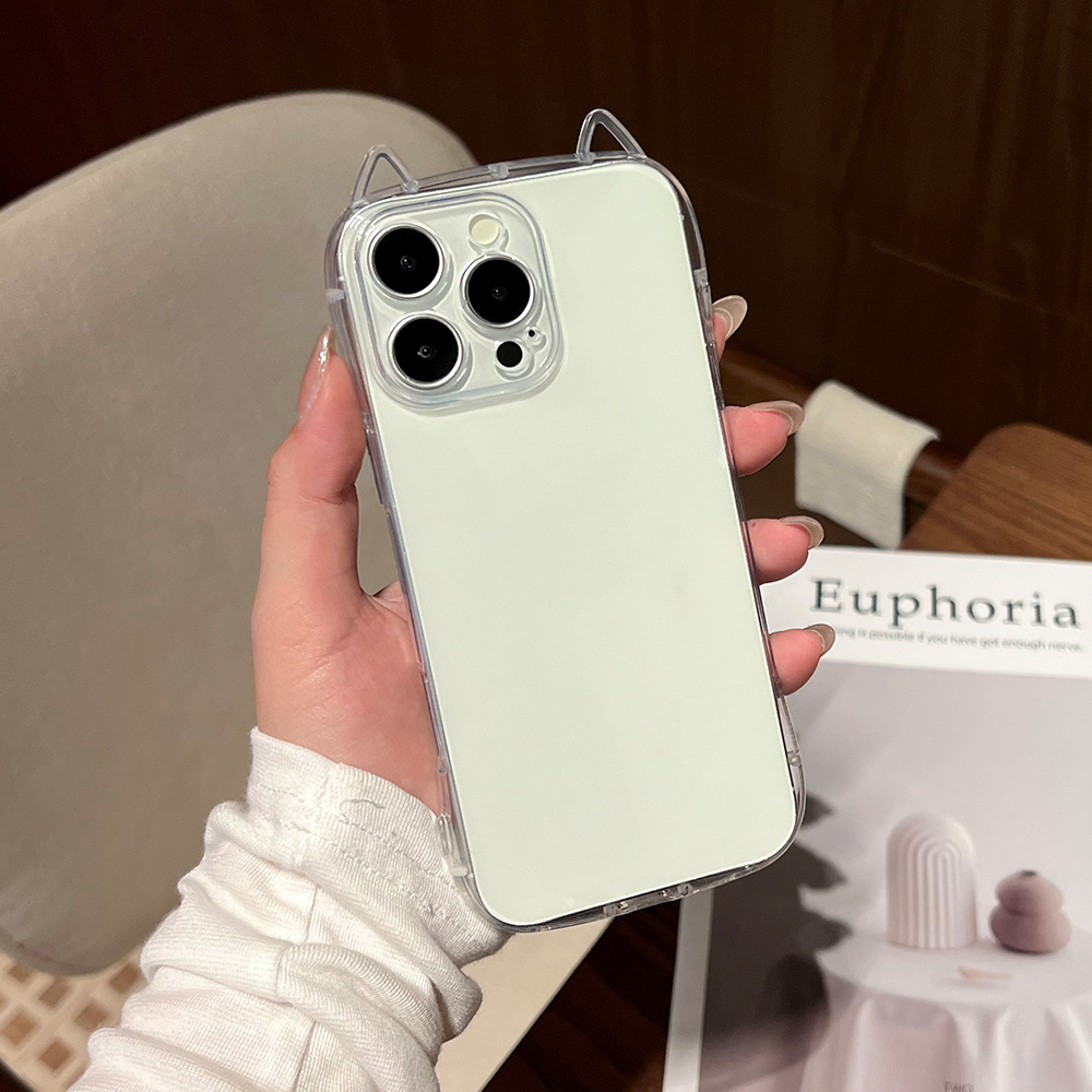 适用iPhone16透明猫耳朵手机壳苹果17小蛮腰防摔全包镜头保护套15