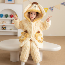 女童珊瑚绒保暖睡衣冬季款三层夹棉加厚加绒儿童棉袄法兰绒家居服