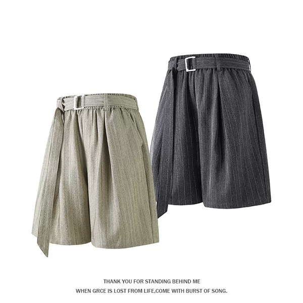2026 Summer New Style Hong Kong Style Large Size Casual Versatile Striped Adjustable Belt Old Money Style Cross-Border Men's Shorts